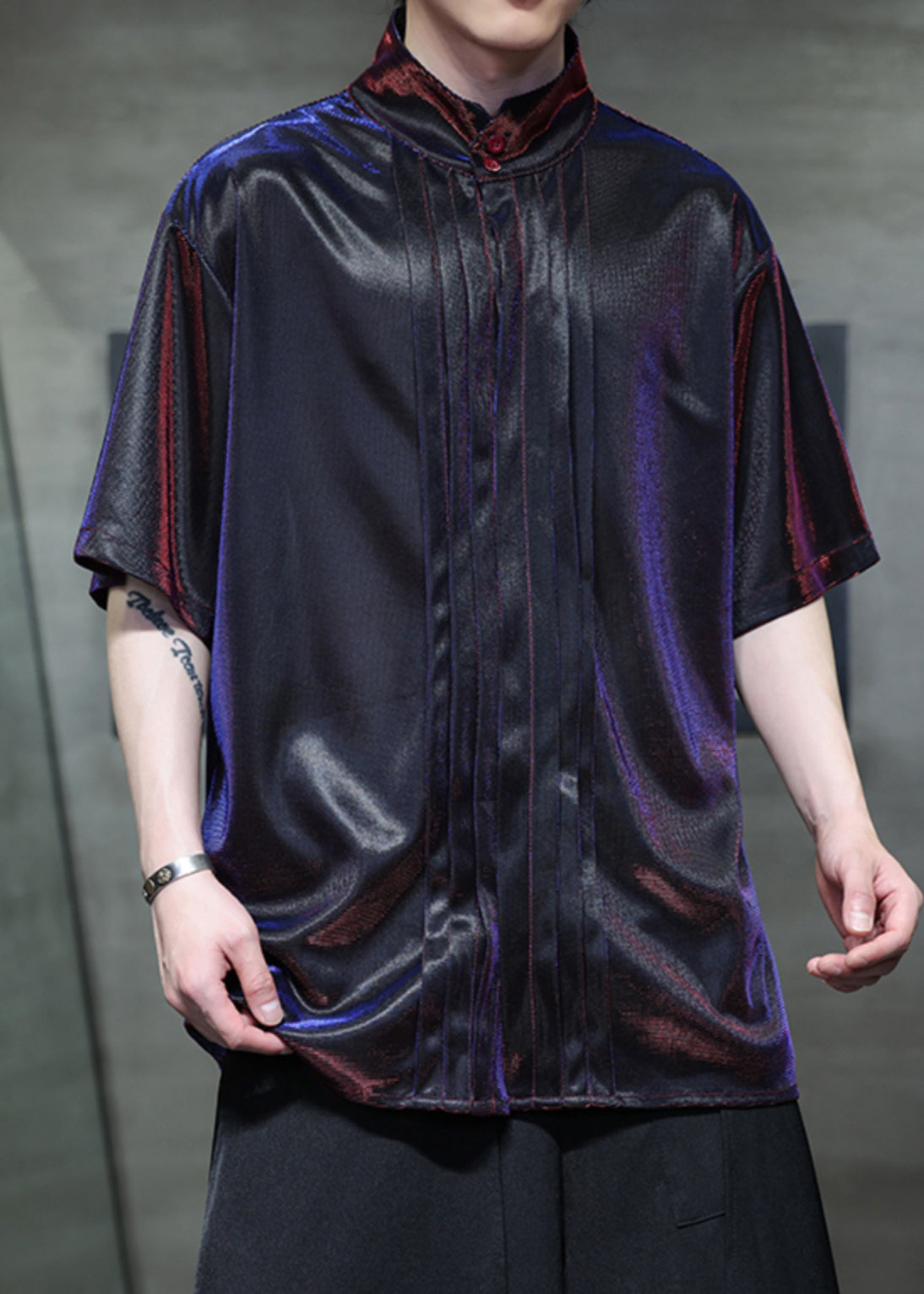 Original Color Change Blue Purple Stand Collar Wrinkled Ice Silk Shirts