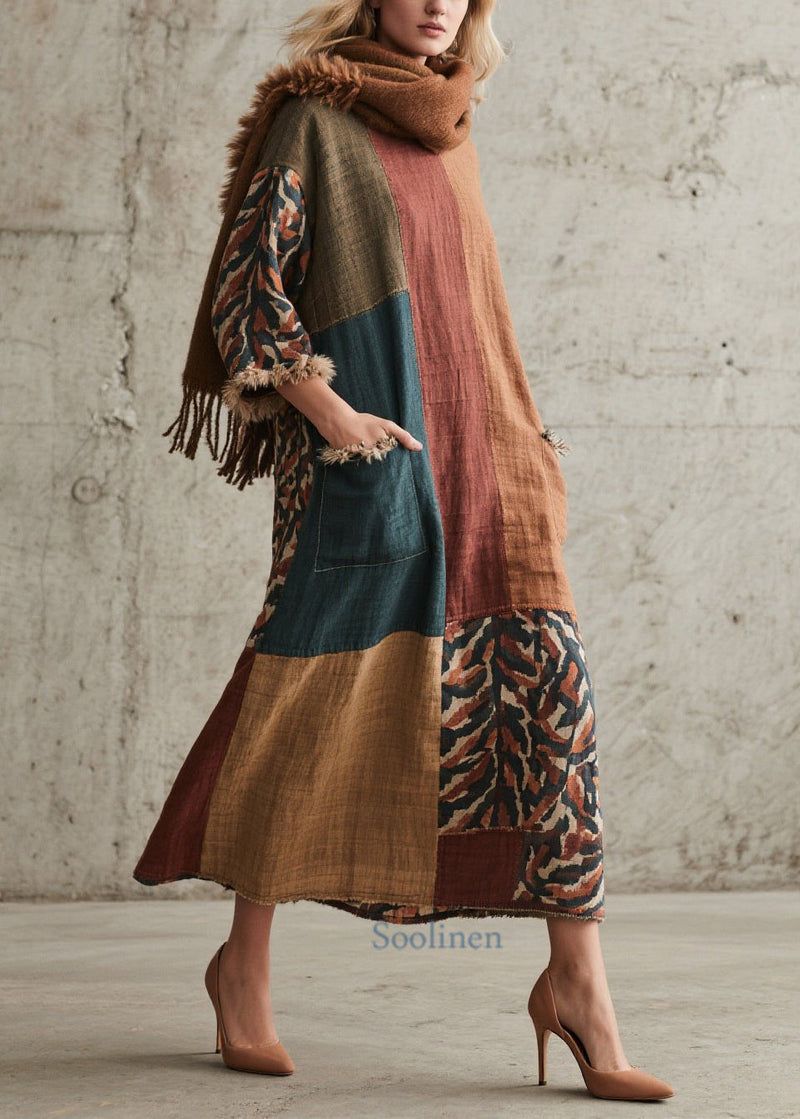 Original Colorblock Print Fuzzy Fur Patchwork Cotton Dresses Fall