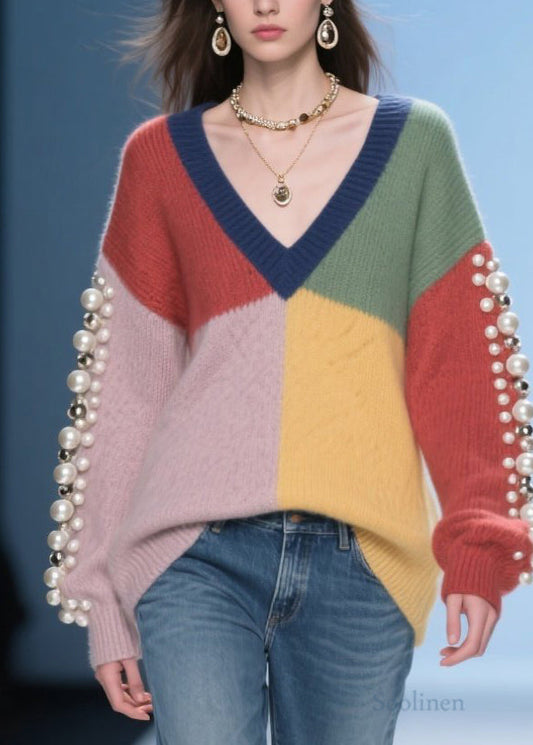 Original Colorblock V Neck Nail Bead Patchwork Knitted Sweaters Fall