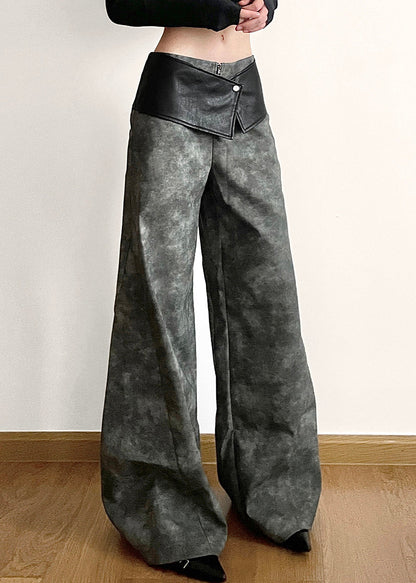 Original Dark Gray High Waist Patchwork Faux Leather Pants Fall