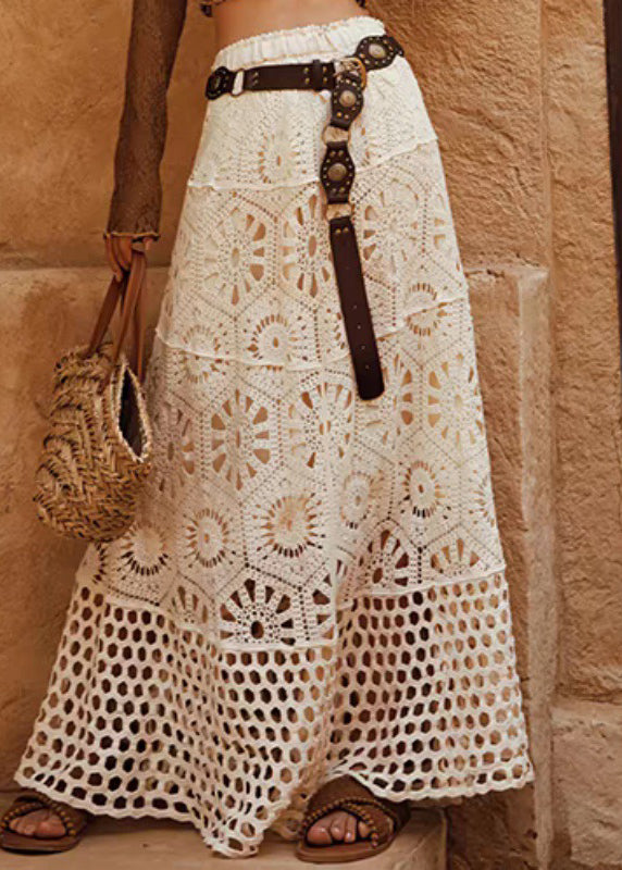 Original Design Beige Elastic Waist Lace Patchwork a Line Skirt