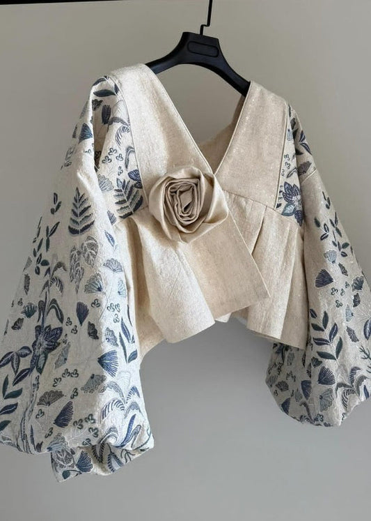 Original Design Beige V Neck Patchwork Cotton Coats Lantern Sleeve
