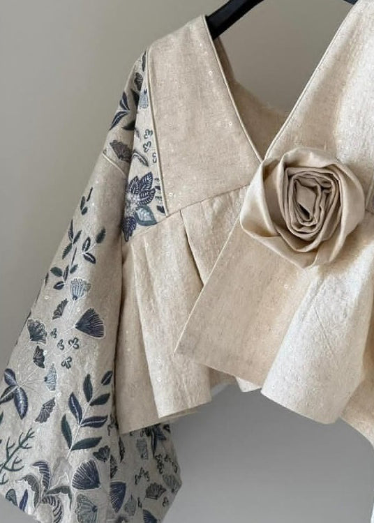 Original Design Beige V Neck Patchwork Cotton Coats Lantern Sleeve
