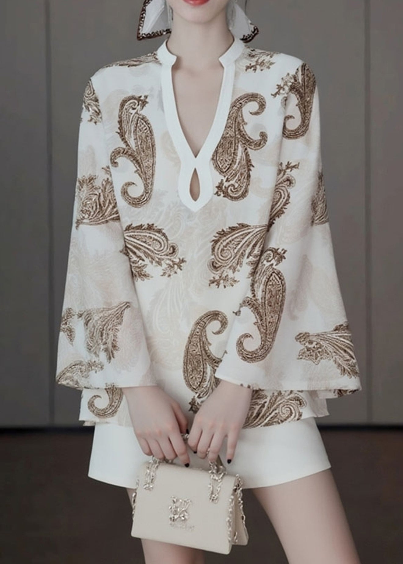 Original Design Beige V Neck Print Shirt Fall