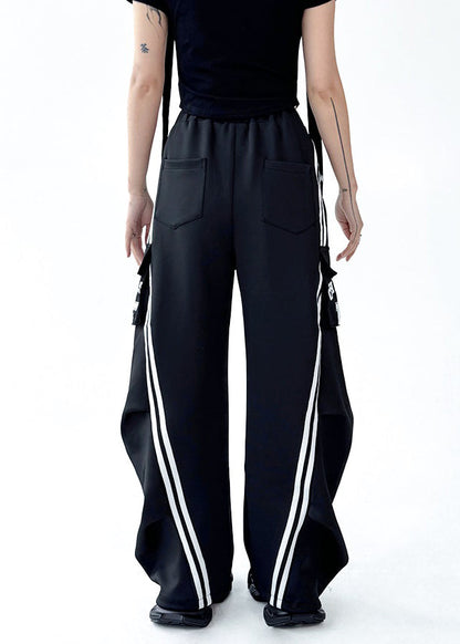 Original Design Black Denim Patchwork Cotton Wide Leg Pants Fall