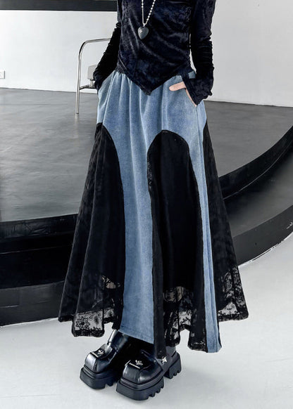 Original Design Black Drawstring Pockets Lace Patchwork Denim Skirts Spring