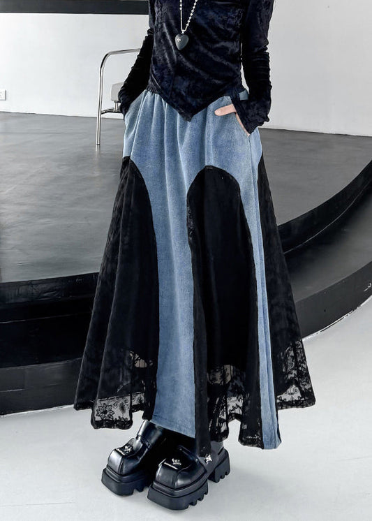 Original Design Black Drawstring Pockets Lace Patchwork Denim Skirts Spring