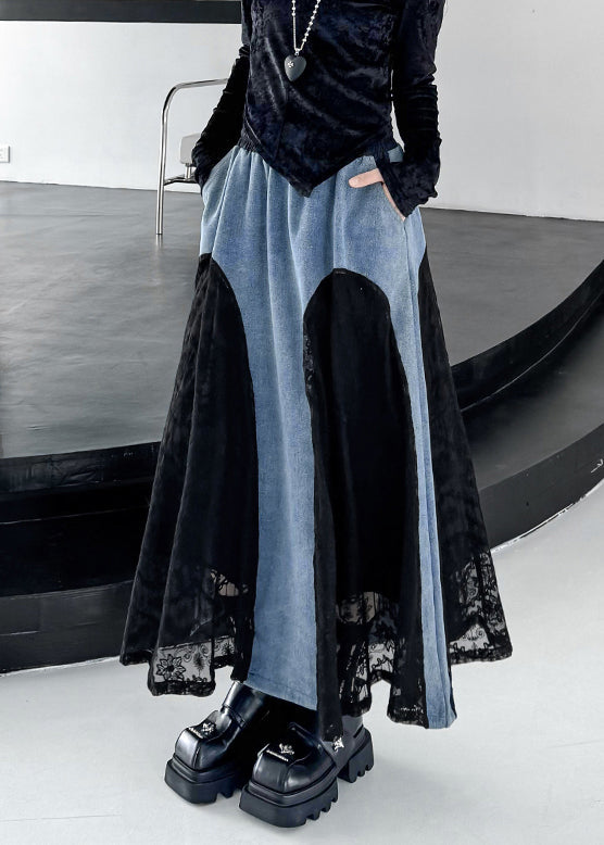 Original Design Black Drawstring Pockets Lace Patchwork Denim Skirts Spring
