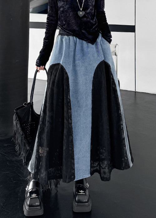 Original Design Black Drawstring Pockets Lace Patchwork Denim Skirts Spring