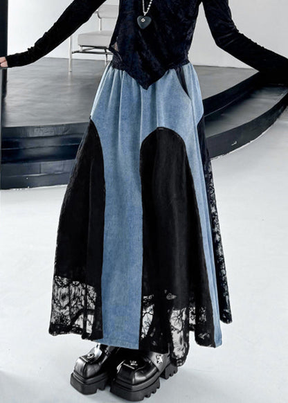 Original Design Black Drawstring Pockets Lace Patchwork Denim Skirts Spring