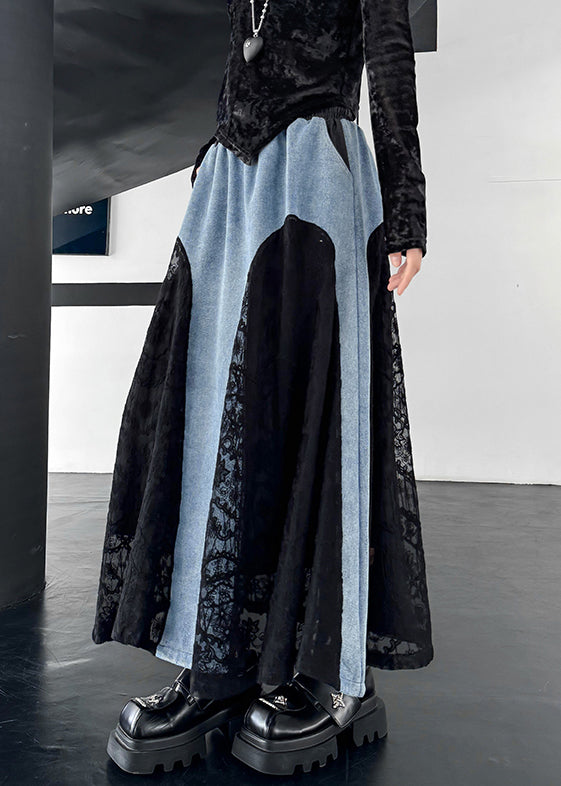 Original Design Black Drawstring Pockets Lace Patchwork Denim Skirts Spring