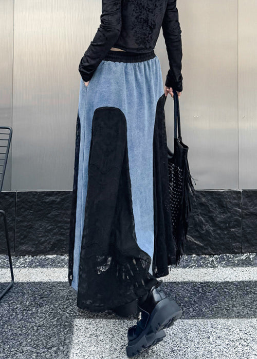 Original Design Black Drawstring Pockets Lace Patchwork Denim Skirts Spring