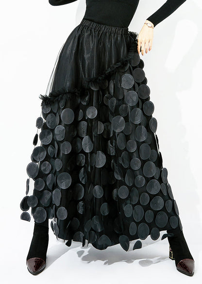 Original Design Yellow-black Dot Elastic Waist Patchwork Wrinkled Tulle Skirt Summer