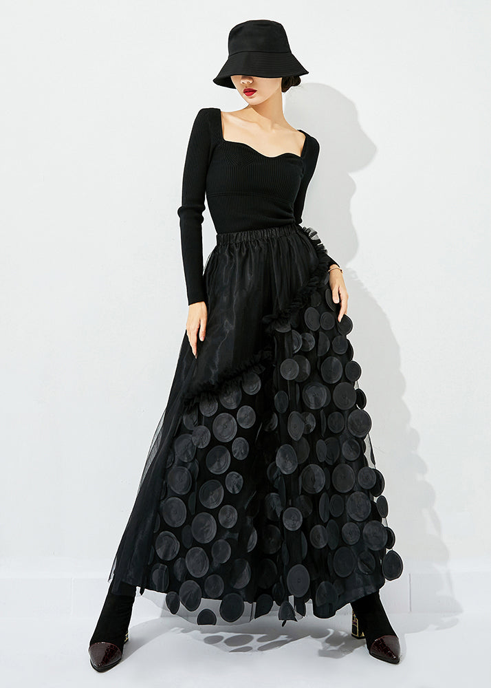 Original Design Green-black Dot Elastic Waist Patchwork Wrinkled Tulle Skirt Summer