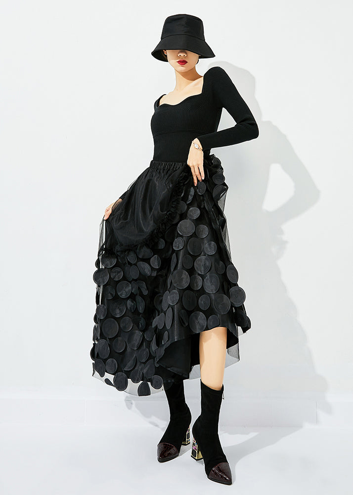 Original Design Yellow-black Dot Elastic Waist Patchwork Wrinkled Tulle Skirt Summer