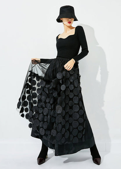 Original Design Black-blue Dot Elastic Waist Patchwork Wrinkled Tulle Skirt Summer