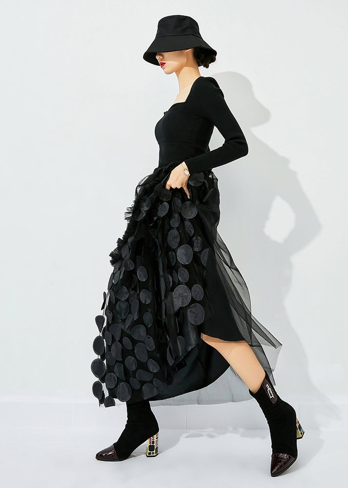Original Design Black-blue Dot Elastic Waist Patchwork Wrinkled Tulle Skirt Summer