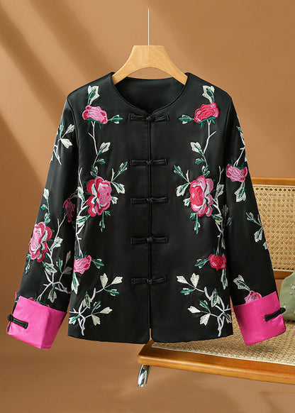 Original Design Black Print Button Silk Coats Fall