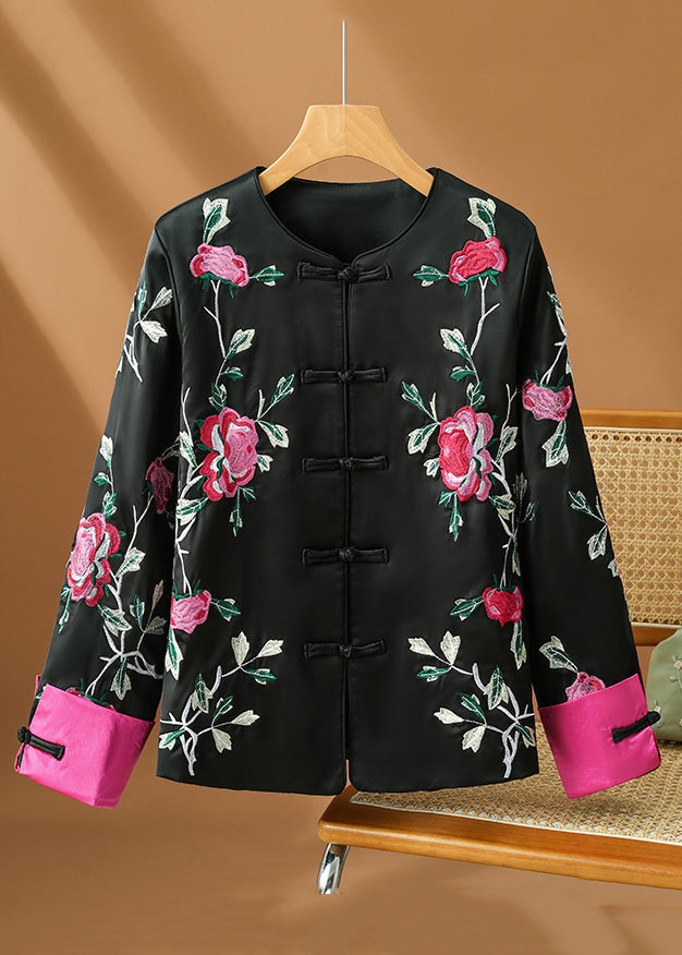 Original Design Black Print Button Silk Coats Fall
