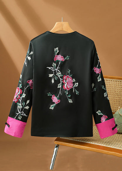 Original Design Black Print Button Silk Coats Fall