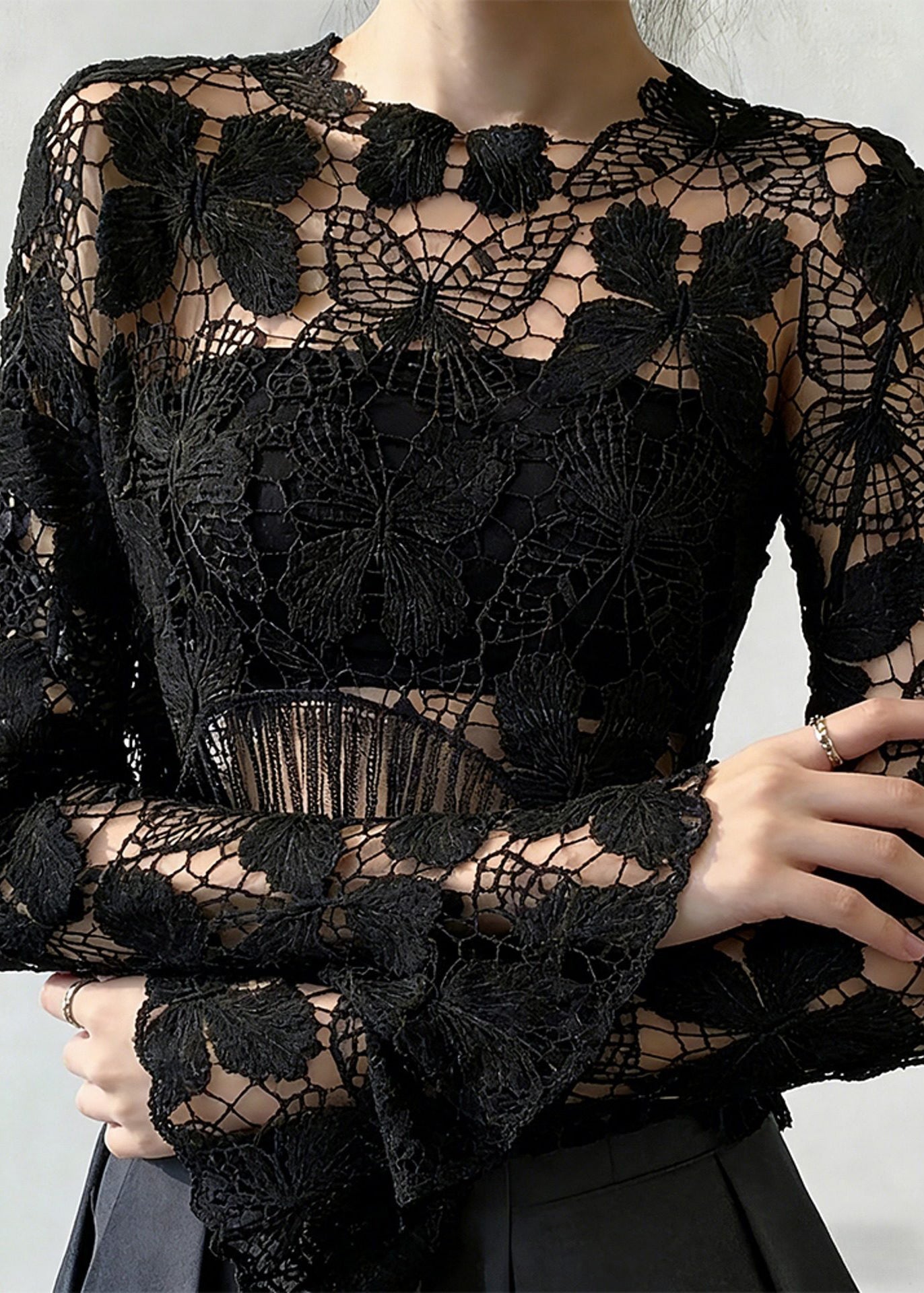 Original Design Black Hollow Out Lace T Shirt Spring