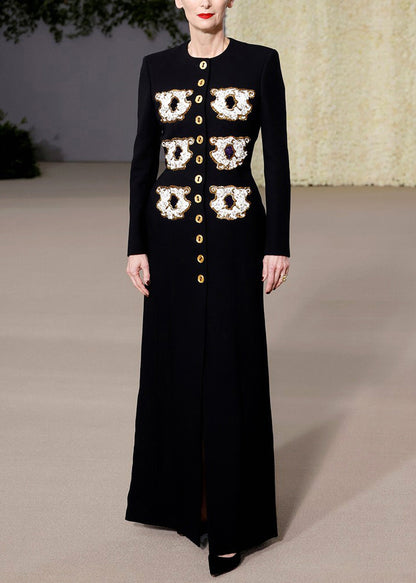 Original Design Black O-neck Sequins Button Long Coat Autumn