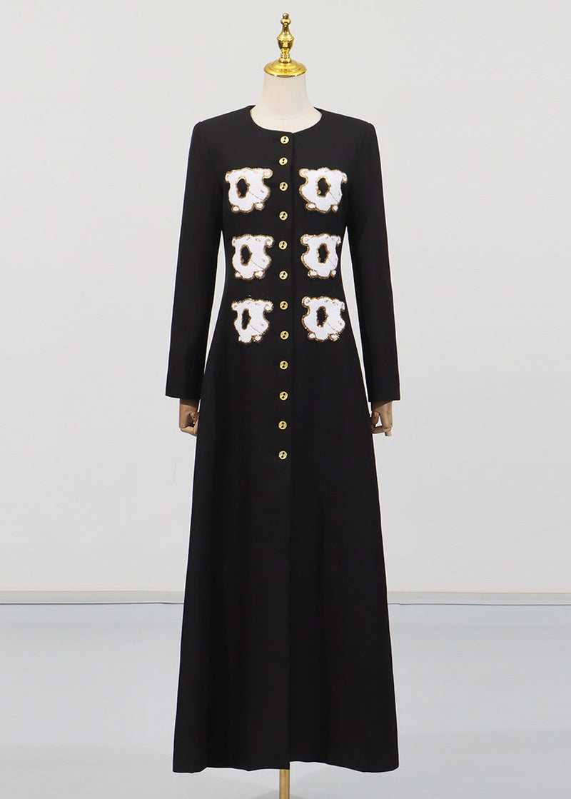 Original Design Black O-neck Sequins Button Long Coat Autumn