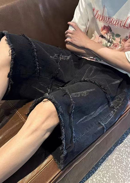Original Design Black Raw Edge Elastic Waist Shorts Summer