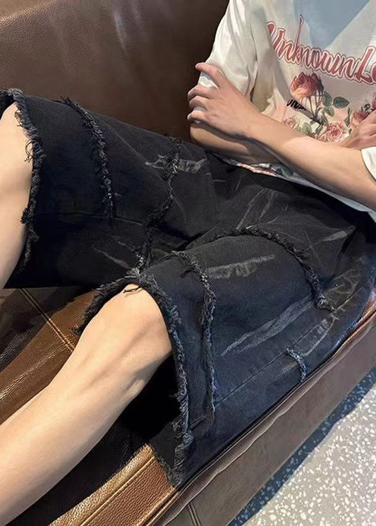 Original Design Black Raw Edge Elastic Waist Shorts Summer