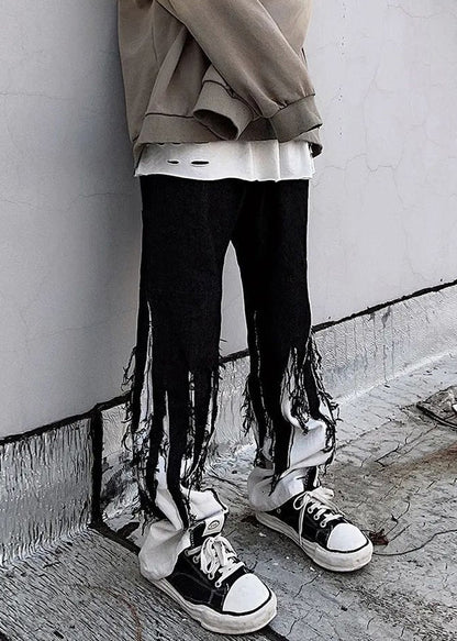 Original Design Black Tasseled Elastic Waist Denim Pants Spring