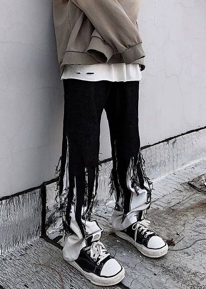 Original Design Black Tasseled Elastic Waist Denim Pants Spring
