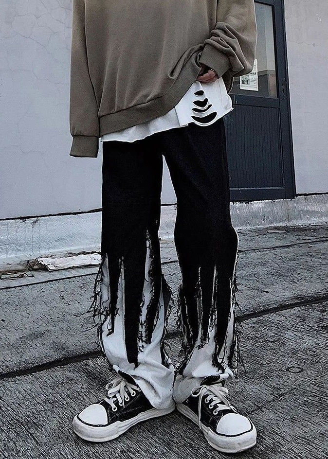 Original Design Black Tasseled Elastic Waist Denim Pants Spring