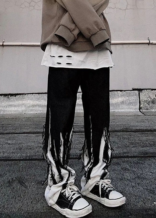 Original Design Black Tasseled Elastic Waist Denim Pants Spring