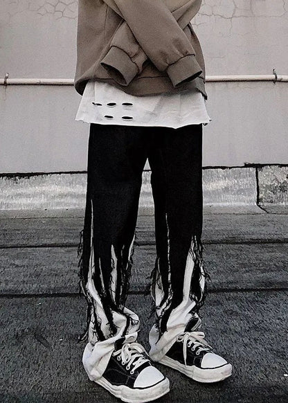 Original Design Black Tasseled Elastic Waist Denim Pants Spring