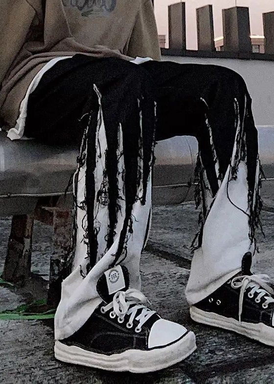 Original Design Black Tasseled Elastic Waist Denim Pants Spring