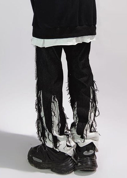 Original Design Black Tasseled Elastic Waist Denim Pants Spring