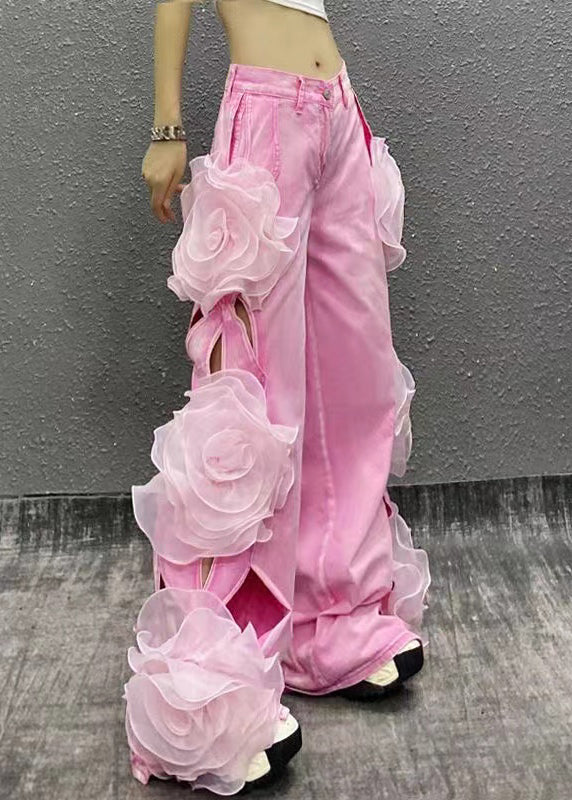 Original Design Blue Hollow Out Denim Wide Leg Pants Spring
