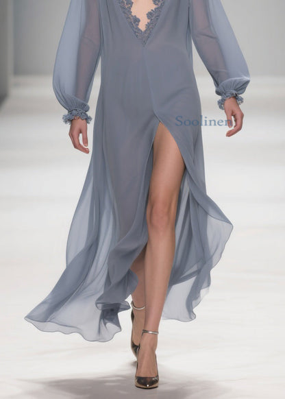 Original Design Blue Lace Side Open Long Dress Lantern Sleeve