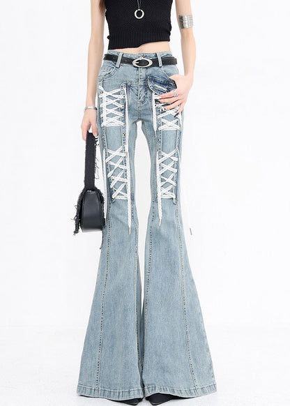 Original Design Blue Lace Up High Waist Denim Flared Trousers Fall