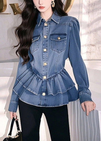 Original Design Blue Peter Pan Collar Button Denim Top Spring