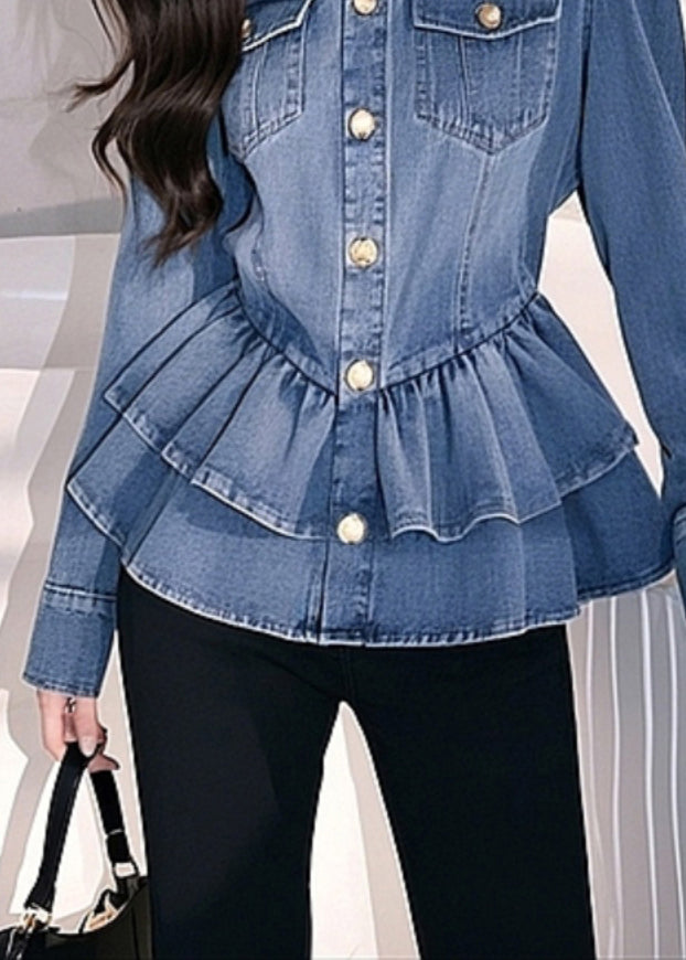 Original Design Blue Peter Pan Collar Button Denim Top Spring