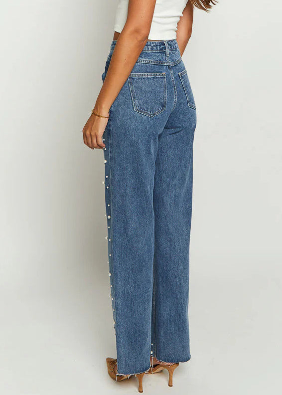 Original Design Blue Pockets Nail Bead Denim Pants Spring
