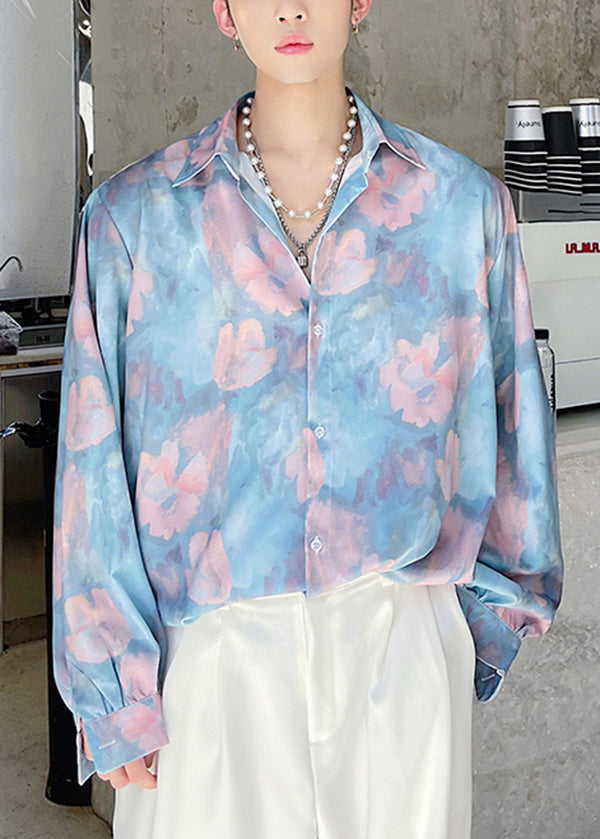 Original Design Blue Print Hawaiian Shirts Long Sleeves