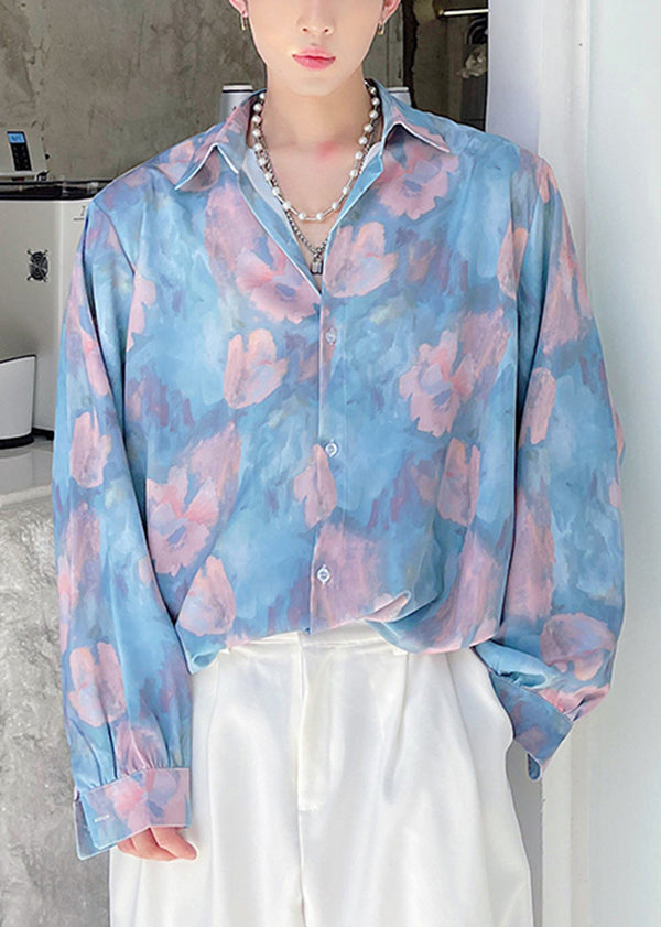 Original Design Blue Print Hawaiian Shirts Long Sleeves
