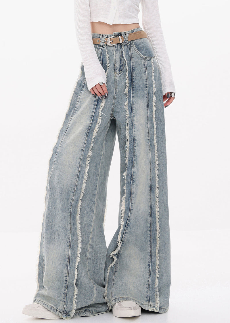 Original Design Blue Raw Edge High Waist Denim Pants Fall