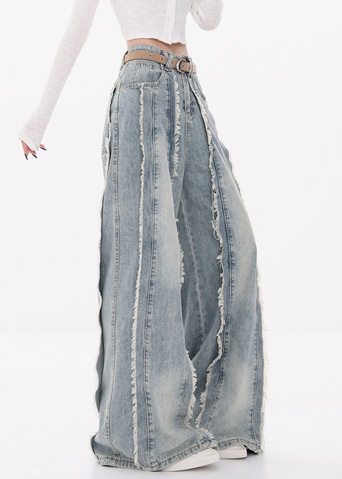 Original Design Blue Raw Edge High Waist Denim Pants Fall