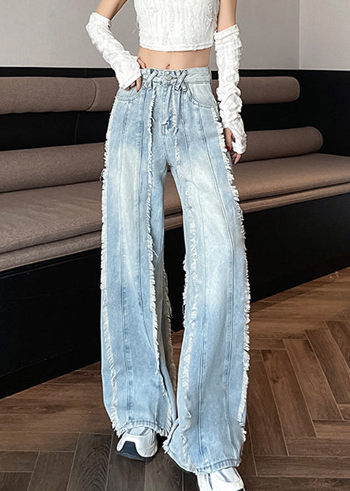 Original Design Blue Raw Edge Pockets High Waist Denim Pants Spring