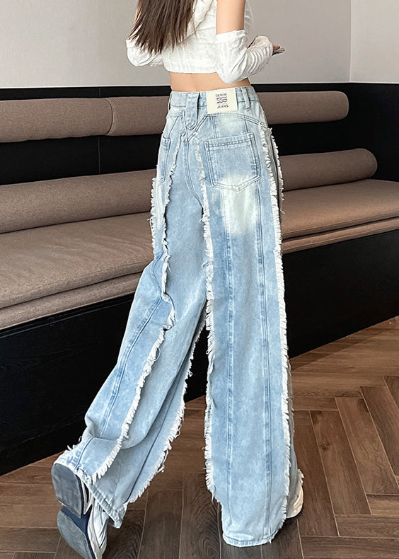 Original Design Blue Raw Edge Pockets High Waist Denim Pants Spring