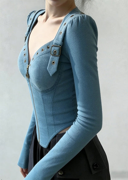Original Design Blue Zip Up Patchwork Cotton Shirt Spring