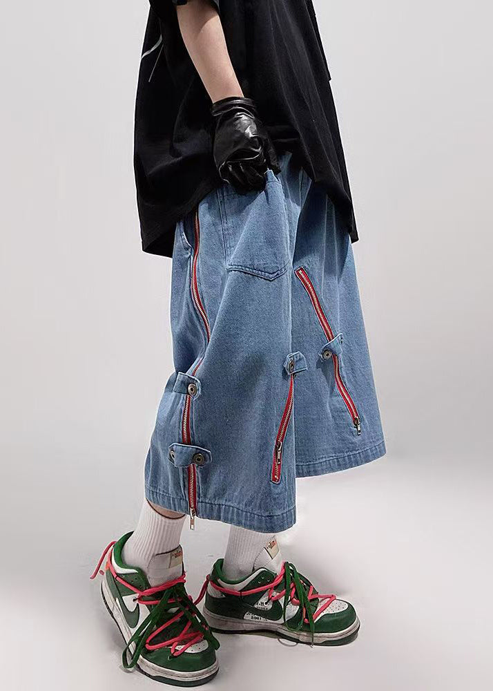 Original Design Blue Zippered Pockets Oversized Denim Shorts Summer